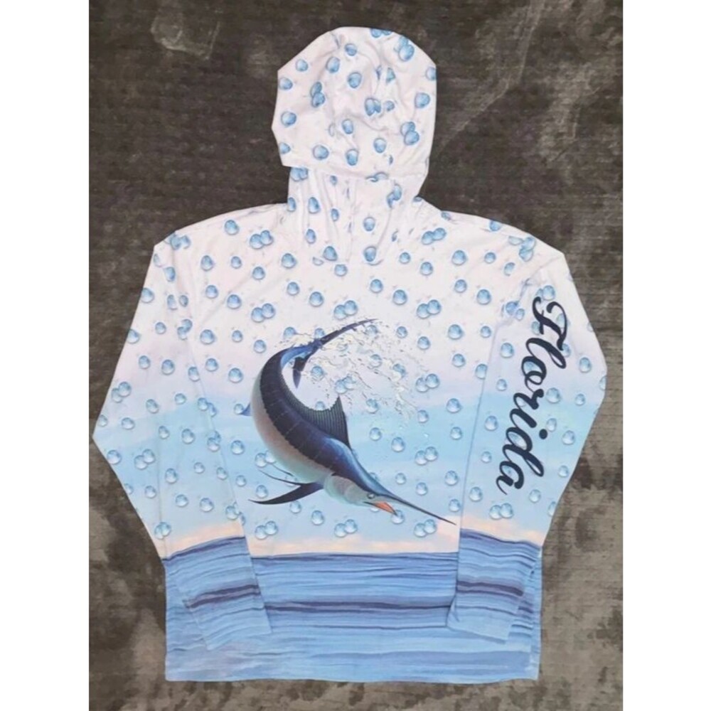 Florida Men's Performance Fishing Hoodie UPF 50+ Blue Marlin Rash Guard Large
